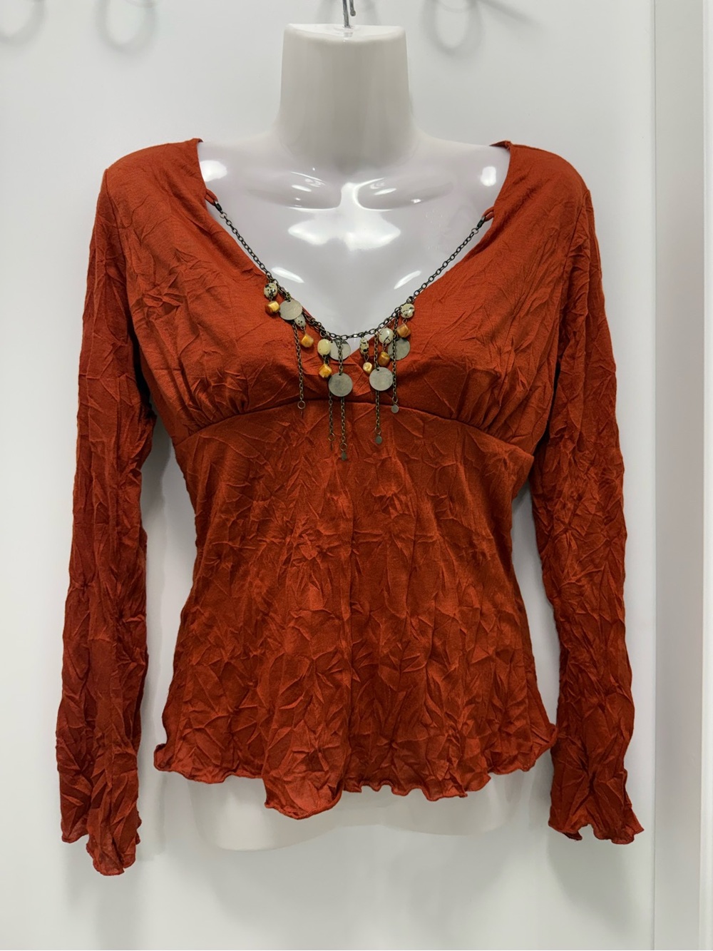 Unique Burnt Orange Wrinkly Style Blouse With Detachable Bead Necklace Size S